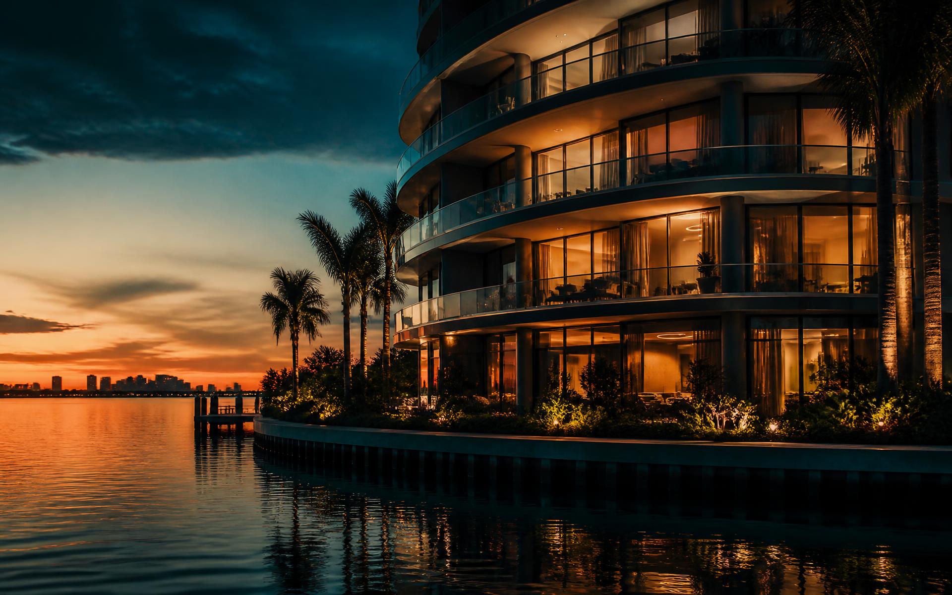 Luxury waterfront condominium in Miami at dusk
